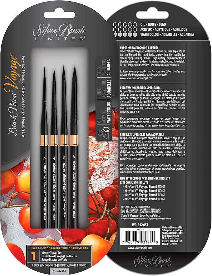 Silver Brush Limited WC-3124ST Black Velvet Voyage Master Travel Set for Watercolor, Gouache, Inks, & Dyes, Set of 4, Sizes 2, 4, 6, and 8 Round Paintbrushes, Short Handle