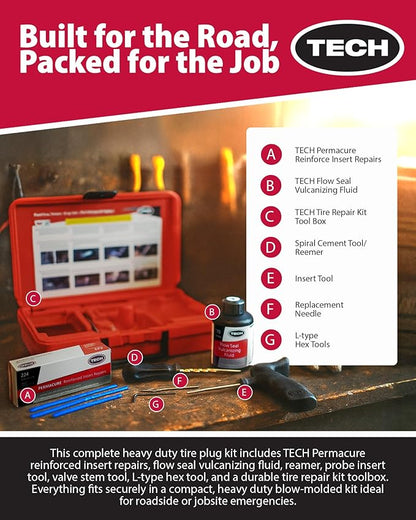 TECH Permacure Truck Tire Plug Kit – Ideal Tools and Flat Tire Fix for Trucks, Tractors, and Large Tires (40 Heavy-Duty Plugs for Emergency Tire Patch and Puncture Repair)