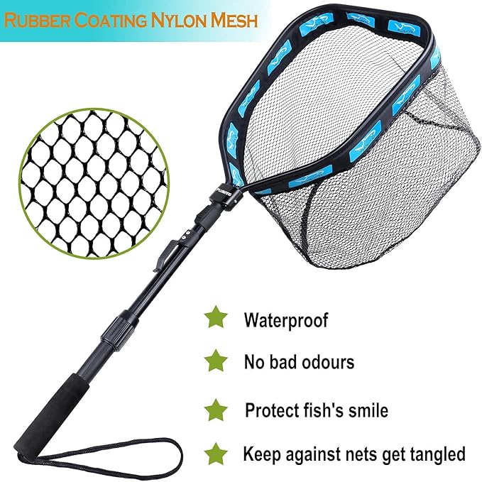 PLUSINNO Floating Fishing Net for Steelhead, Salmon, Fly, Kayak, Catfish, Bass, Trout Fishing, Rubber Coated Landing Net for Easy Catch & Release, Compact & Foldable for Easy Transportation & Storage