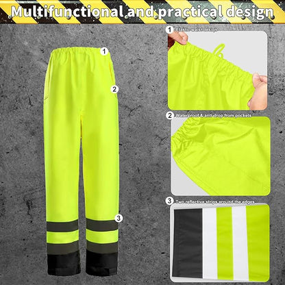 Safety Rain Jacket for Men Waterproof，Class 3 Hi Vis Rain Gear with Collapsible Hood， Breathable Rain Suits with Inner Mesh Lining and pocket，Reflective Waterproof Pants S/M