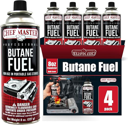 Chef Master 4x 8oz Butane Fuel Canister - Butane Refill for Kitchen Torch & Camp Stove - Gas Canister for Picnics, Outdoor Cooking, Grilling - Camping Stove, Torch Fuel Camping Essentials - 90340