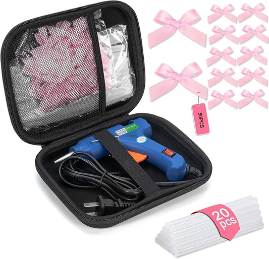 Mini Glue Gun and Sticks Set with Mini Pink Bows - 50 Pcs, 20 Pcs Glue Sticks and Tiny Bows with Hard Shell Carry Case for School DIY Crafts Arts Wedding Party Favors, Gift Box Decorations