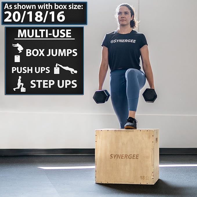 Synergee 3 in 1 Wood Plyometric Box for Jump Training and Conditioning. All in One Jump Trainer. Sizes 30/24/20, 24/20/16, 20/18/16, 16/14/12