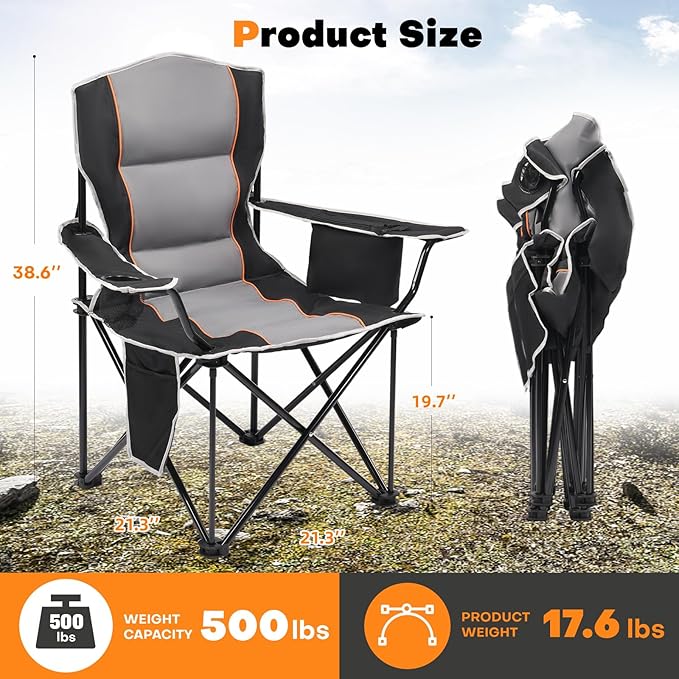 XMT Premium Padded Folding Chair, Extra Wide & Heavy Duty 450lbs Capacity, Portable Camping Chair with Insulated Cooler, Cup Holder & Storage, Compact Foldable for Outdoor, Beach, Picnics