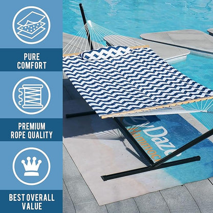 Lazy Daze Hammocks 12FT Quilted Fabric Double Hammock with Spreader Bars and Detachable Pillow, 2 Person Hammock for Outdoor Patio Backyard Poolside, 450 LBS Weight Capacity, Blue Chevron Stripe