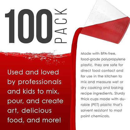 Pouring Masters 3 Oz (90 ml) Liquid Measuring Cups - Plastic Graduated Cup (100 Pack) with 25 Sticks - Reusable Mixing Cups for Paint, Craft, Kitchen, Lab, Medical Supplies, Epoxy Resin, Art