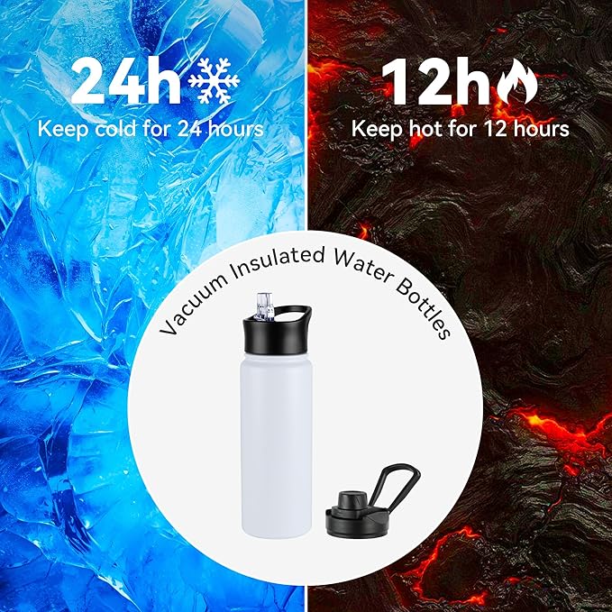 24oz Insulated Water Bottle with Straw Lid, Stainless Steel Metal Water Bottle with Straw & Wide Mouth Lid, Double Wall Vacuum Water Bottle for Hiking Camping, White 4 Pack