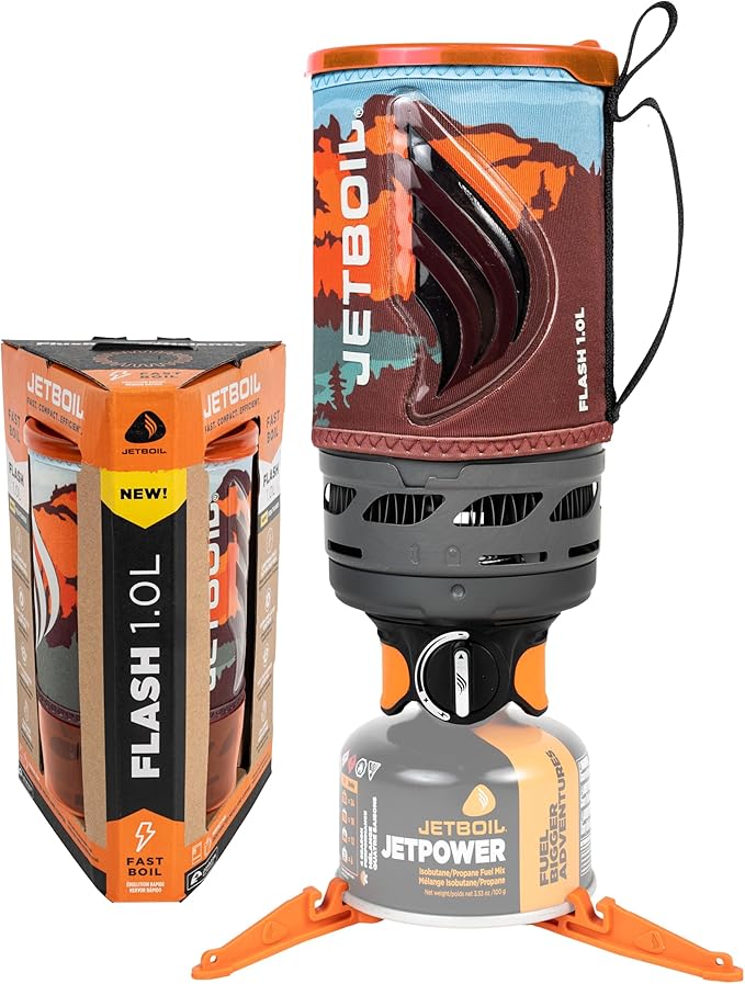 Jetboil Flash 1.0L Portable Fast Boil Stove for Camping and Backpacking with 1-Step Auto Ignition, New for 2025, Propane/Isobutane Burner with Cooking Cup