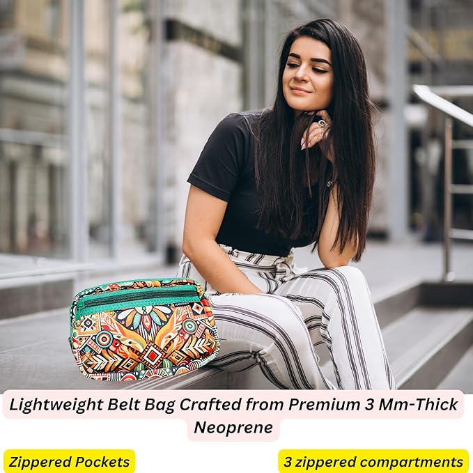 Yewande&co Neoprene Fanny Pack Belt Bag – Lightweight Waterproof Waist Bag with Adjustable Strap, 3 Zippered Pockets, Crossbody Belt Bag for Travel, African Design Crossbody Bags (Flower)