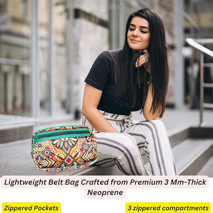 Yewande&co Neoprene Fanny Pack Belt Bag – Lightweight Waterproof Waist Bag with Adjustable Strap, 3 Zippered Pockets, Crossbody Belt Bag for Travel, African Design Crossbody Bags (Flower)