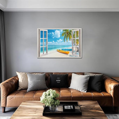 ANRUOXI Beach Wall Art, Window Frame Style Canvas Wall Decor Ocean, Blue Sea & Tropical Palm Tree Coasts Boats Canvas, Paradise Scenery Nature Landscape Painting for Living Room Office Home 28x40 Inch