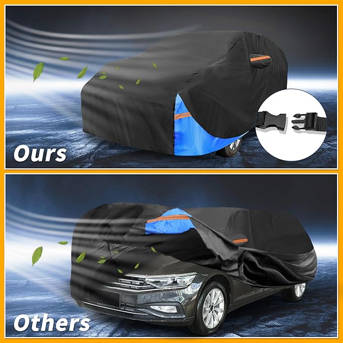 Waterproof All-Weather Universal Car Cover with Right Side Zipper, 210D-PU Black Blue Fits for Wagon 190" to 198" Length