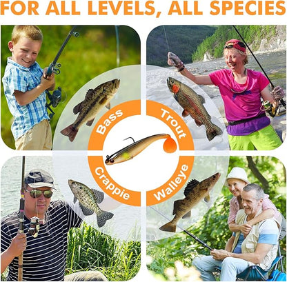 TRUSCEND Easy Catch Pre-Rigged Soft Lures, Unique Vibrating Swim Action and Trembly Sinking Move for More Bites, Amazing Soft Swimbait for Family Fishing, Fishing Lures for Bass Trout Crappie Walleye