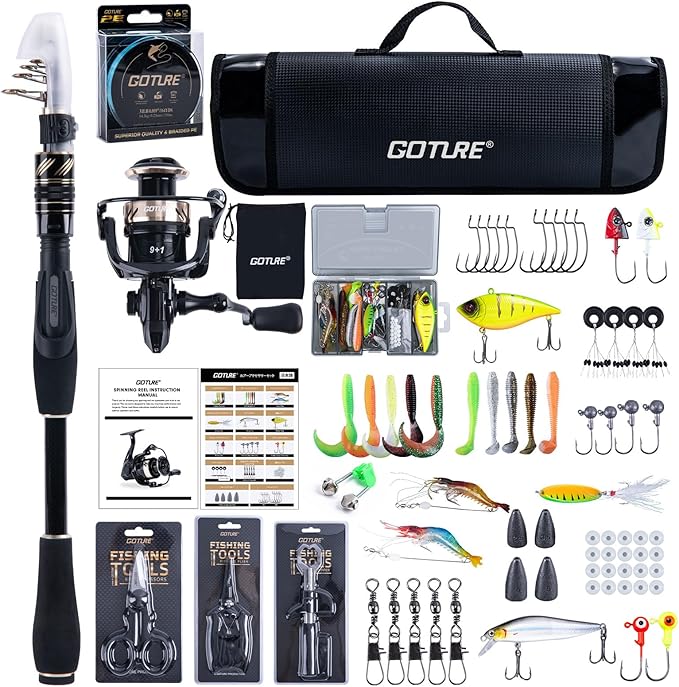 Goture Fishing Rod and Reel Combo - Carbon Fiber Telescopic Fishing Pole - Spinning Reel 9+1 Shielded Bearings Stainless Steel BB - A