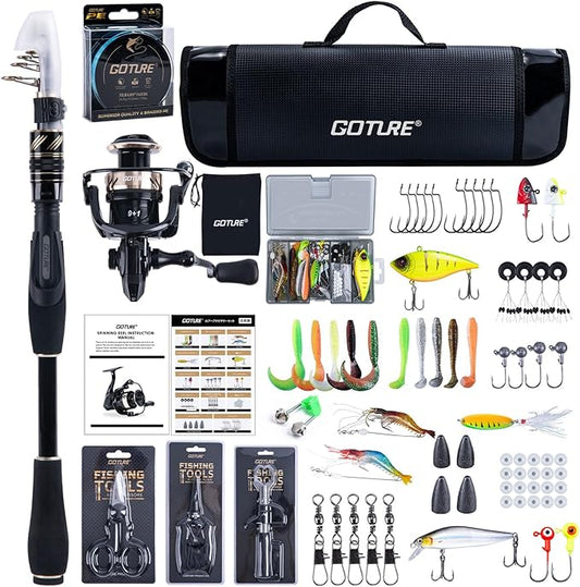 Goture Fishing Rod and Reel Combo - Carbon Fiber Telescopic Fishing Pole - Spinning Reel 9+1 Shielded Bearings Stainless Steel BB - A