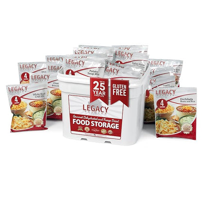 Legacy Food Storage Gluten Free 120 Serving Bucket, Emergency Food Supply, 46,200 Total Calories, 120 Large Servings, Shelf Stable Lunch & Dinner Entrees, Freeze Dried Survival Meals for MRE Camping, Hiking, & Backpacking