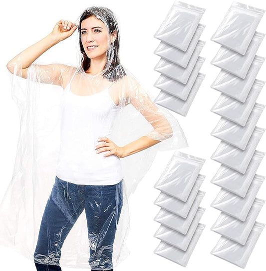 Juvale Disposable Rain Ponchos for Adults - 20-Pack, One Size, Clear Hooded - Plastic Ponchos Bulk & Emergency Rain Gear for Camping & Festivals