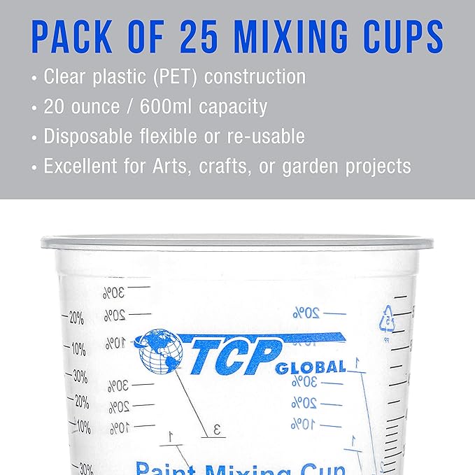 TCP Global 20 oz. (600ml) Graduated Plastic Mixing Cups - Box of 25 with 25 Mixing Sticks - Disposable Plastic Measuring Cups for Liquids, Paints, Resin, Epoxy, Art, Kitchen - Ratios 2-1, 3-1, 4-1 ML