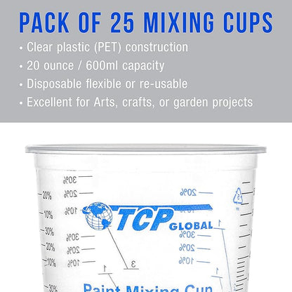 TCP Global 20 oz. (600ml) Graduated Plastic Mixing Cups - Box of 25 with 25 Mixing Sticks - Disposable Plastic Measuring Cups for Liquids, Paints, Resin, Epoxy, Art, Kitchen - Ratios 2-1, 3-1, 4-1 ML