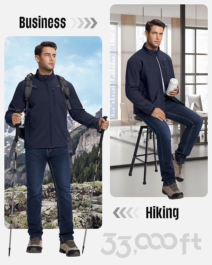33,000ft Men's Waterproof Softshell Jacket Warm Fleece Lined Windbreaker Lightweight Soft Shell for Travel Hiking Golf