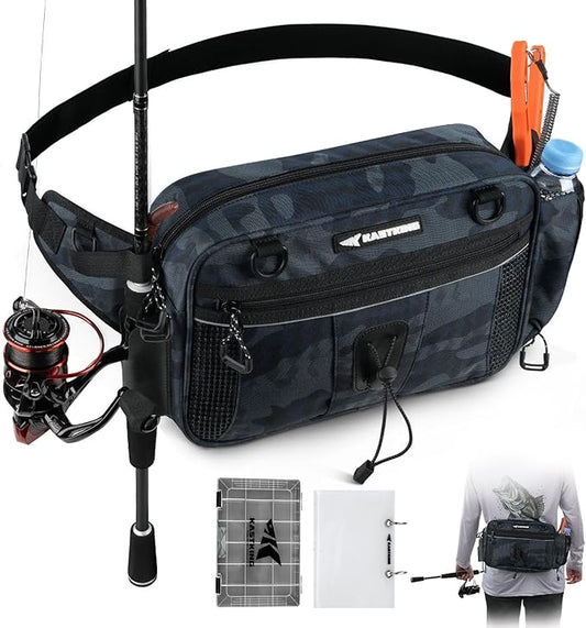 KastKing BaitSpace Waist Bag – Waterproof Tackle Storage Bag With Adjustable Belt, Fishing Fanny Pack for Men, Soft Bait Organizer, 3600 Utility Box, Rod Holder, Nylon