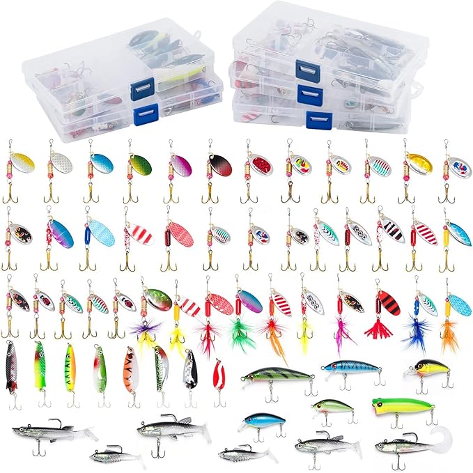 Dr.Fish Fishing Tackle Bag 5 Boxes with 60 Lures Included Loaded Stocked Tackle Box Set Spinner Lures Kit Freshwater Gear Equipment