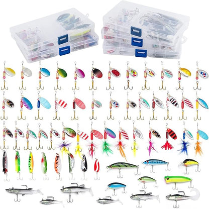 Dr.Fish Fishing Tackle Bag 5 Boxes with 60 Lures Included Loaded Stocked Tackle Box Set Spinner Lures Kit Freshwater Gear Equipment