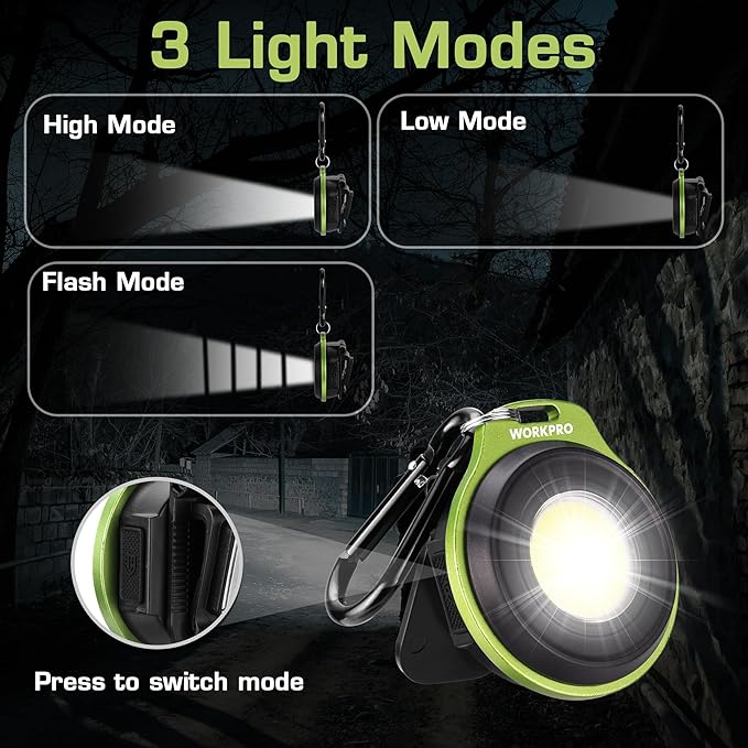 WORKPRO Mini Keychain Work Light, COB Keychain Flashlight with Hat Clip, Rechargeable Magnetic EDC Carabiner Flashlight, 3 Light Modes Emergency Light for Camping, Biking and Car Repairing, Green