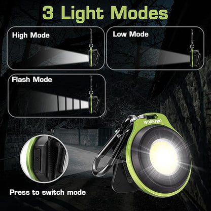 WORKPRO Mini Keychain Work Light, COB Keychain Flashlight with Hat Clip, Rechargeable Magnetic EDC Carabiner Flashlight, 3 Light Modes Emergency Light for Camping, Biking and Car Repairing, Green