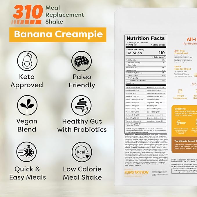 310 Nutrition All-In-One Plant-Based Meal Replacement Shake – High-Fiber Protein with Probiotics, Digestive Enzymes & Adaptogens – Vegan, Low Carb, Keto Friendly Superfood Blend – Banana Cream Pie – 28 Servings