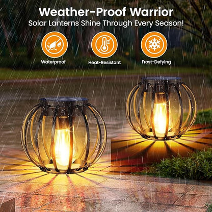 Solar Lanterns Outdoor Waterproof 2 Pack, 14.37" Metal Hanging Solar Lights for Outside with Auto On/Off & Hook - Brighter Hanging Outdoor Lanterns Decorative Lighting for Garden Patio Yard