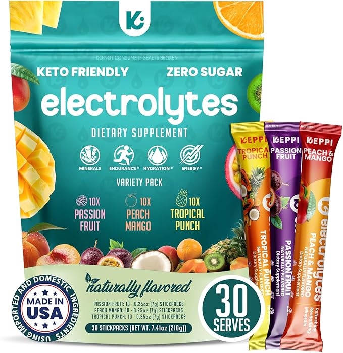 Keppi Electrolytes Powder Packets Tropical Flavors 30 Servings – No Sugar Hydration Supplement with Potassium, Magnesium, Sodium – Keto, Vegan, Fasting-Friendly, Zero Calorie Hydration Packets