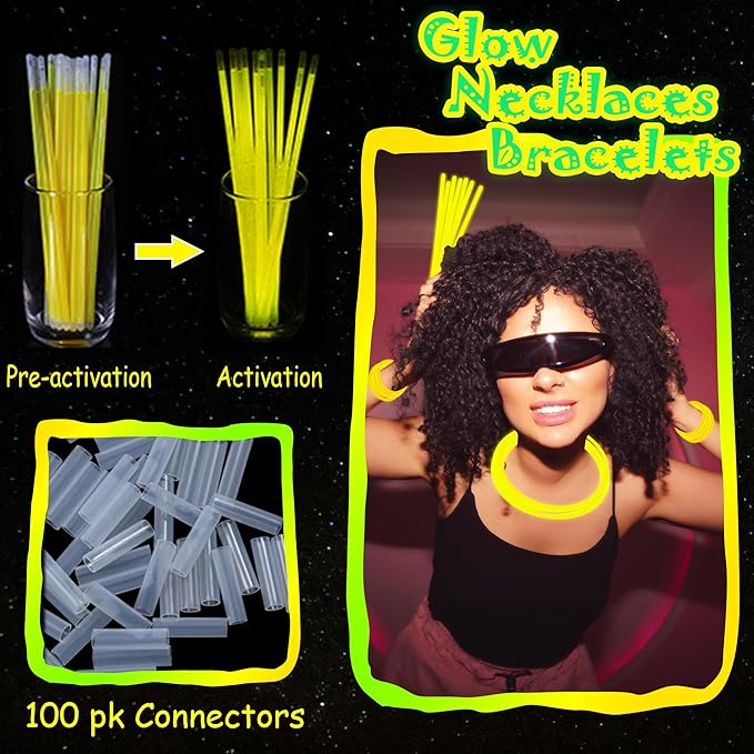 ILHSTY 100 pk Glow Sticks Bulk Party Favors and Decorations - 8" Glow in the Dark Party Supplies For Halloween Neon Party Light up Glow sticks Necklaces & Bracelets (Yellow*100)