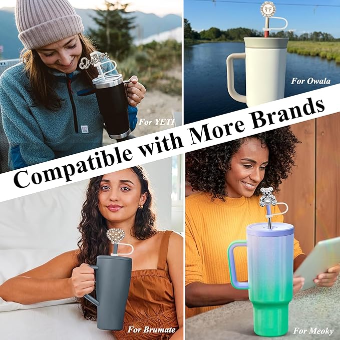 Bling Diamond Straw Cover for Stanley Cup Accessories - Silicone Straw Toppers with Silver Rhinestone fit 9-12mm Straws