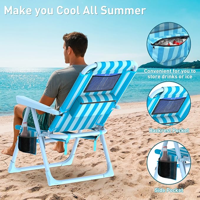 Suteck Backpack Beach Chairs for Adults 2 Pack, 6-Position Folding Reclining Chair with Cooler Bag & Cup Holder, Lightweight Portable Beach Chair for Camping, Outdoor, Sand, Travel Use