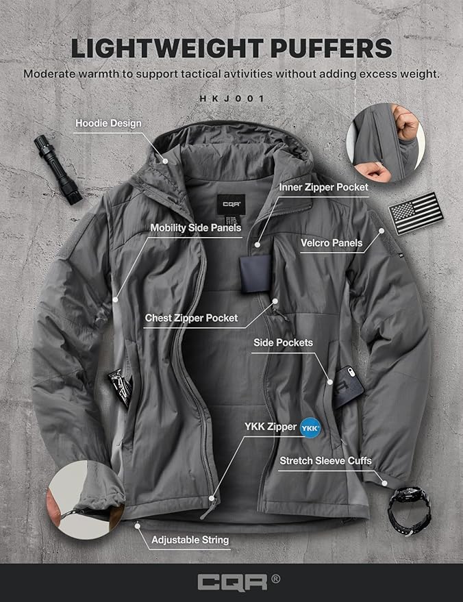 CQR Men's Lightweight Insulated Jacket, Windproof Packable Water Resistant Warm Active Coat for Hiking Work Outdoor Tactical