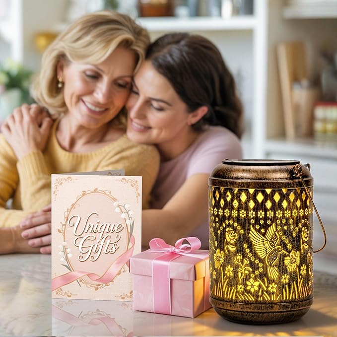 Solar Lanterns Hummingbird Christmas Garden Decor, 1 Pack Hanging Christmas Solar Lights Gifts for Mom Outdoor Waterproof Vintage Table Metal Lights for Yard, Patio, Lawn, Balcony, Pathway