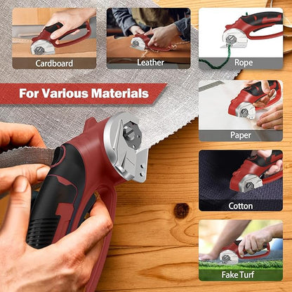 Cordless Electric Scissors, 4V Box Cutter & Cardboard Cutter with 2 Titanium Blades - Rotary Cutter with LED Light for Fabric, Leather, Carpet, Plastic, Crafting + Storage Case (Red)
