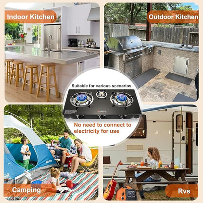 Propane Stove 3 Burner Gas Stove, 34000 BTU High-Efficiency Auto Ignition Tempered Glass LPG Cooktop with CSA Regulator and Hose – for Outdoor Camping, RV, and Emergency Cooking