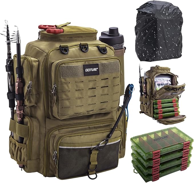 Goture Fishing Backpack with 4 Tackle Boxes,45L 600D Tackle Backpack with Rod Holders,8 Lure Pockets,Rain Cover,Large Fishing Bag Saltwater Gear Storage Bag for Camping Hiking