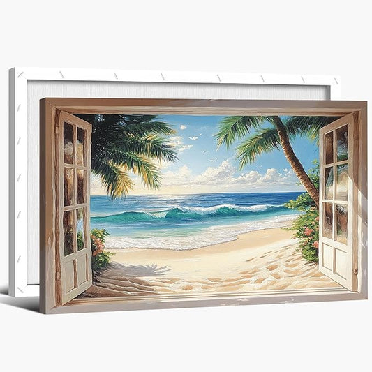ANRUOXI Beach Wall Art, Blue Ocean Canvas Prints Wall Decor, Window Frame Style Sea Canvas Wall Decor, Ocean Seaside Painting, Nature Coastal Landscape Framed Artwork for Living Room Office 12x18 Inch