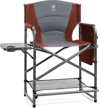 EVER ADVANCED Medium Tall Directors Chair Foldable Makeup Artist Chair Bar Height with Side Table Cup Holder and Pocket Footrest, Supports 400LBS (Red Brown, Seat Height: 23.2 inches)