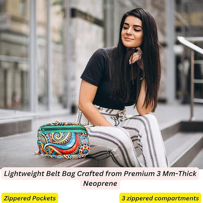 Yewande&co Neoprene Fanny Pack Belt Bag – Lightweight Waterproof Waist Bag with Adjustable Strap, 3 Zippered Pockets, Crossbody Belt Bag for Travel, African Design Crossbody Bags (Waves)