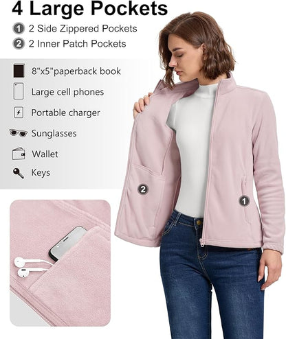 33,000ft Women's Zip Up Fleece Jacket, Long Sleeve Warm Soft Polar Lightweight Coat with Pockets for Winter