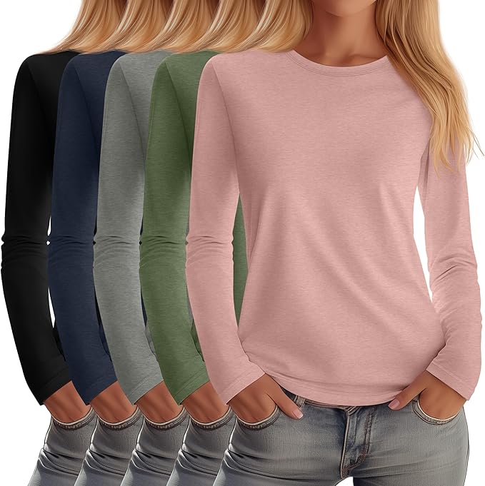 Huukeay 5 Pack Women's Crew Neck Long Sleeve Shirts, Cotton Blend Casual Clothes Workout Basic Layering Tee Tops Multipack