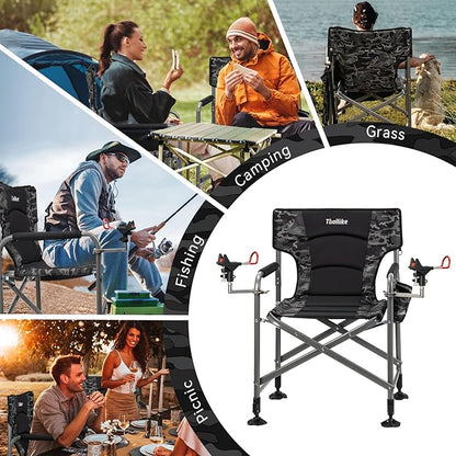 Padded Folding Fishing Chair with 2 Rod Holders for Adults Heavy Duty Adjustable Legs Outdoor Camping Chairs with Side Pocket Shoulder Strap Portable Ice Fishing Chair for Camp Lawn Patio