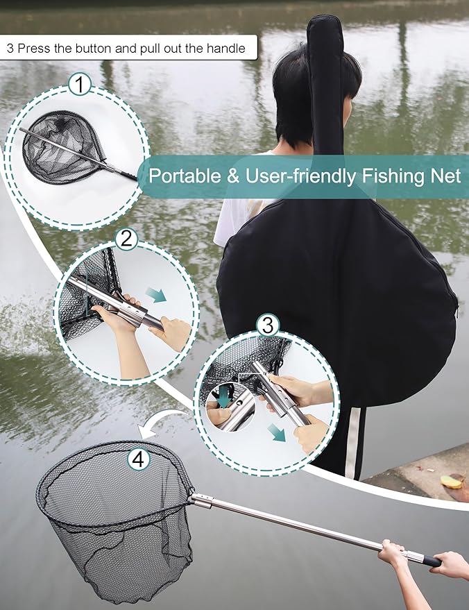 Avlcoaky Rubber Fishing Net - Large Saltwater Fishing Landing Net with Telescoping Handle for Kayak Fishing - Extends 70 to 94 Inch, 27.5 Inch Depth