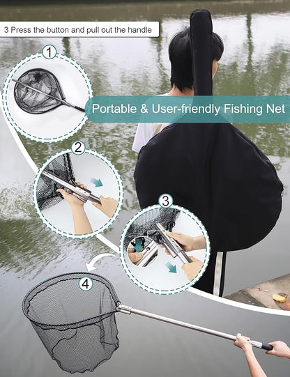 Avlcoaky Rubber Fishing Net - Large Saltwater Fishing Landing Net with Telescoping Handle for Kayak Fishing - Extends 70 to 94 Inch, 27.5 Inch Depth