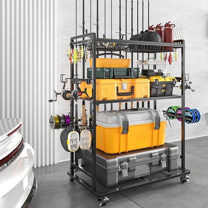 SOYEEZE Large Size Fishing Rod Holders for Garage, Heavy Duty 3-Tier Fishing Pole Rack Holds Up to 12 Rods, Fishing Gear Organizer with 2 Metal Baskets, Fishing Storage Cart with Lockable Wheels
