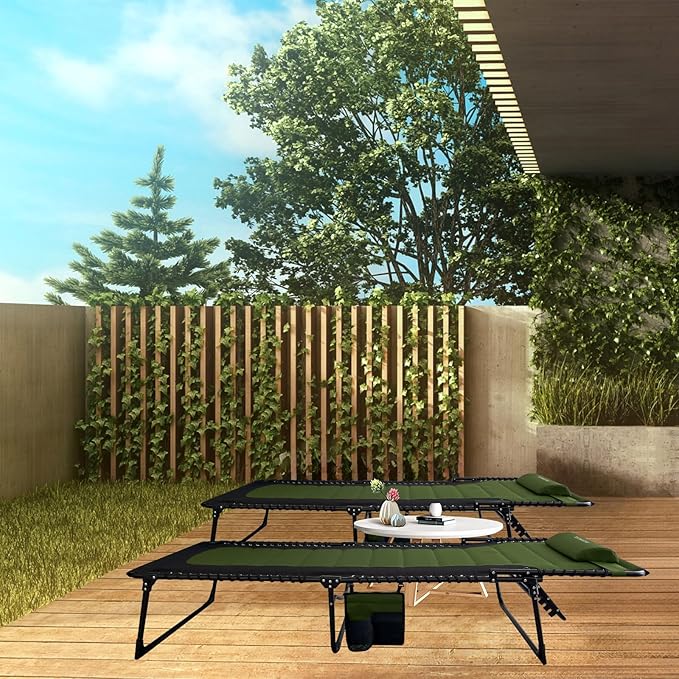 Outdoor Folding Lounge Chair Padded for Adults 264Ibs Patio Chaise Lounge Chair for Outside Adjustable 5-Position Reclining Beach Chair with Pillow Pocket